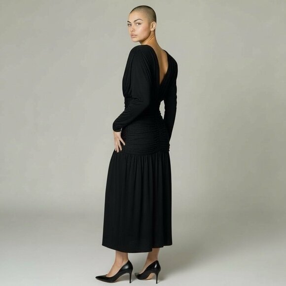 Vintage 1980s Claraluna Originals Dress Sz Small Black Coffin Pleat Vamp Disco - Picture 3 of 13